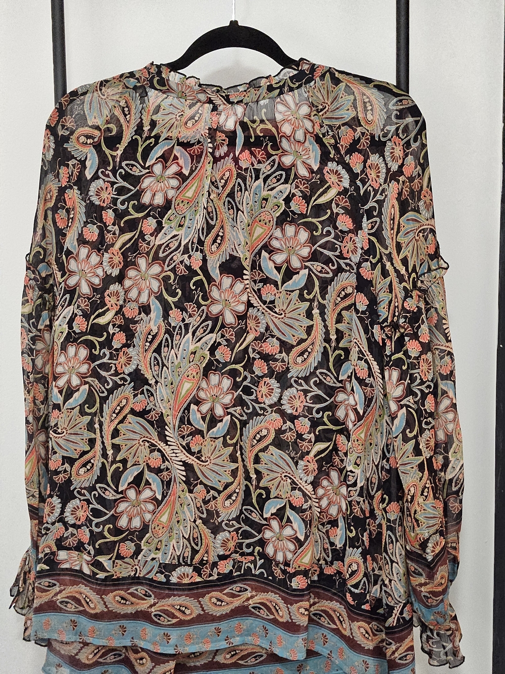 Sundance Black Floral Paisley Peasant Blouse with Tassel Tie - Picture 4 of 4